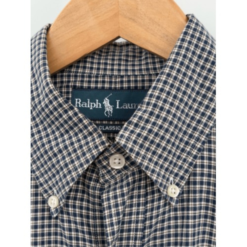 Ralph Lauren Button Down Shirt Plaid Check Men Size Medium Navy Blue Long Sleeve